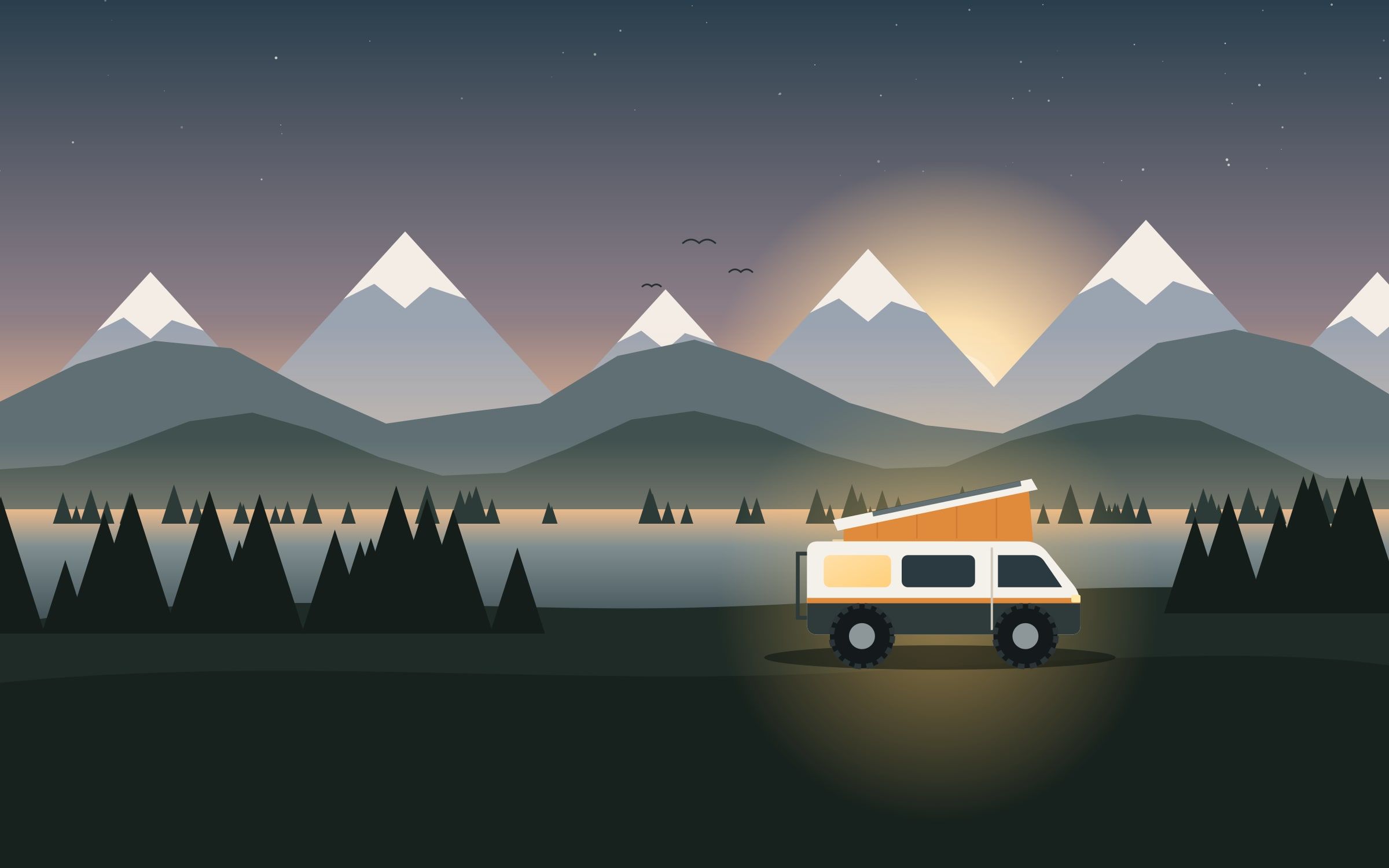 Ilustracja: kampervan 4x4 z podniesionym dachem nad fiordem o zmierzchu